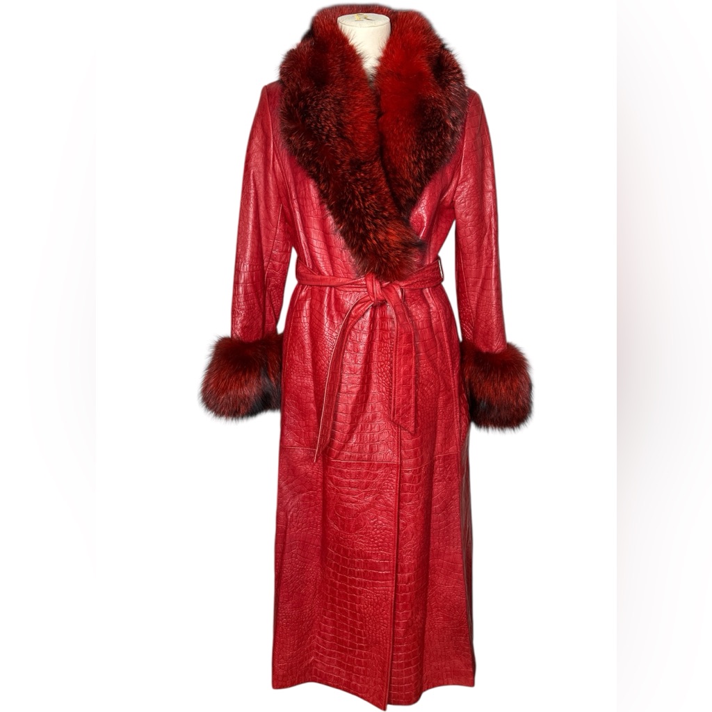 Escada Lamb Leather Croc Embossed Fox Fur Coat Red Size 6/8
